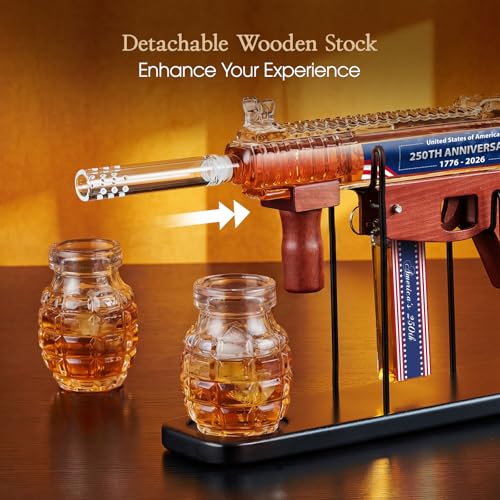 Image of Kollea Gifts for Men Dad, 250th Anniversary Gun Whiskey Decanter Set-Limited Edition, Liquor Decanter with 2 Bullet Shot Glasses, Cool Birthday Gifts for Him Husband, Military Present for Home Bar