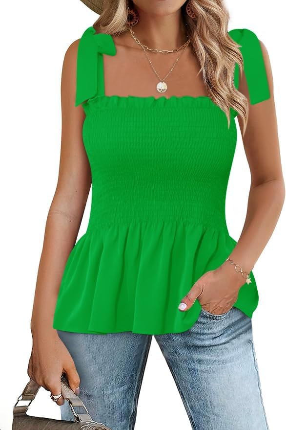 Micoson Ruffle Tank Tops for Women Summer Square Neck Sleeveless Tops Tie Shoulder Chiffon Blouse Babydoll Shirts