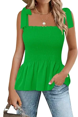 Micoson Ruffle Tank Tops for Women Summer Square Neck Sleeveless Tops Tie Shoulder Chiffon Blouse Babydoll Shirts