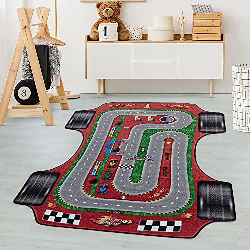 Carpetsale24 Kinderteppich Rennstrecke Rennauto Design Sonderform Rot 160 x 230 cm - Kurzflor...