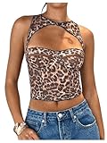 WDIRARA Women's Cut Out Lace Crop Bustier Corset Tank Top Sexy Going Out Party Club Tops Multicolor Leopard Large
