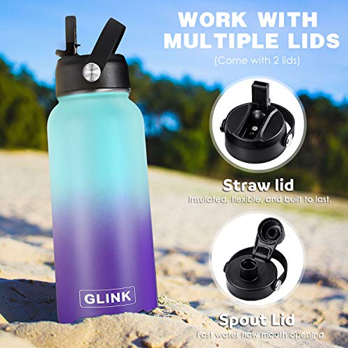 GLINK Stainless Steel Water Bottle with Straw - 32 oz Wide Mouth Double Wall Vacuum Insulated Water Bottle Leakproof, Straw Lid and Spout Lid with New Rotating Rubber Handle - Aurora - Thumbnail 4