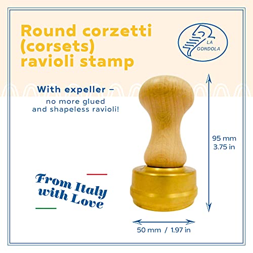 La Gondola Homemade Ravioli Stamp - Round Corzetti (Corsets) 1.97in | Italian Pasta Making Tool for Home and Business | Brass & Natural Wood | Easy to Use Ravioli Stamp | Ravioli Cutter Made in Italy - Thumbnail 2