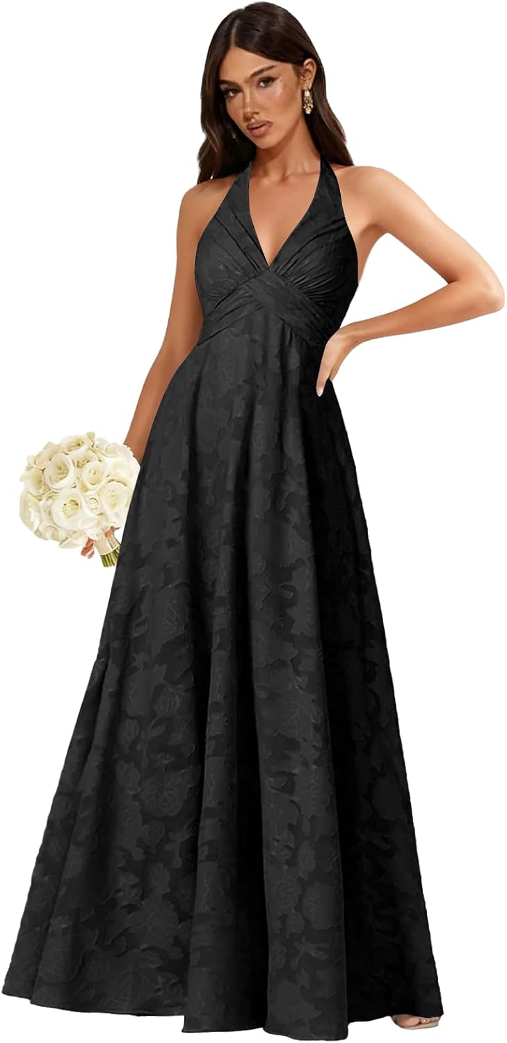 Halter Floral Bridesmaid Dress Long Jacquard Chiffon A-Line Corset Formal Evening Party Gowns