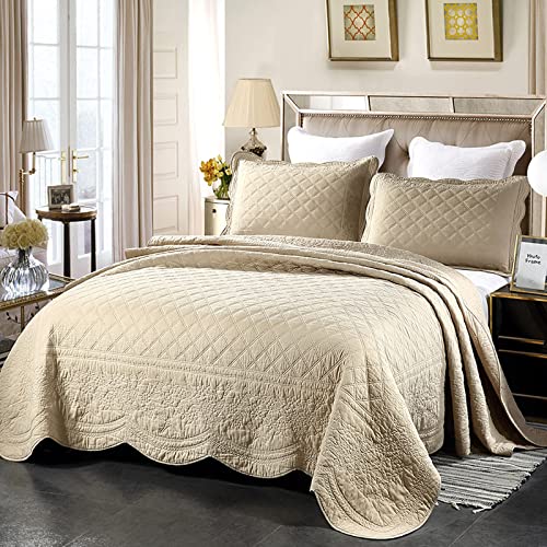 XIUWOUG Dessus De Lit 2 Personnes 240x260 Blanc/Beige/Vert Couvre Lit Matelasse De Luxe Boutis Coton Légère en été Couverture,Couvre-lit D'été...