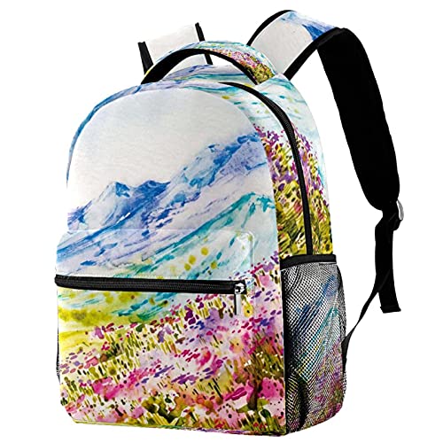 Sac à dos voyage aquarelle fleurs montagne pour filles garçons avec porte-bouteille