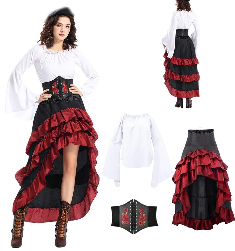 helymore Disfraz de pirata medieval con falda sexy renacentista, corsé de cintura, cinturón de Halloween, carnaval, fiesta, traje de mujer, rojo, M