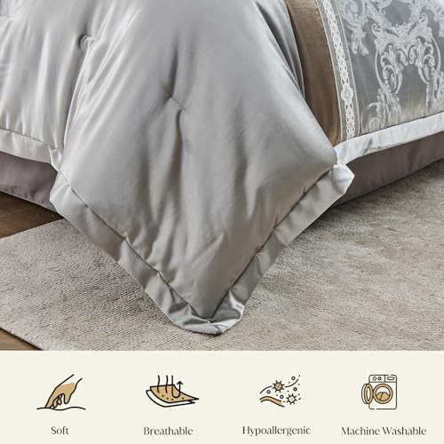 Image of CozyDH Silver Grey Queen Comforter Set - Luxury 7 Piece Light Gray Jacquard Damask Silky Bed in a Bag, Modern All Season Down Alternative Bedding with Bed Skirt, Shams, Decorative Pillows