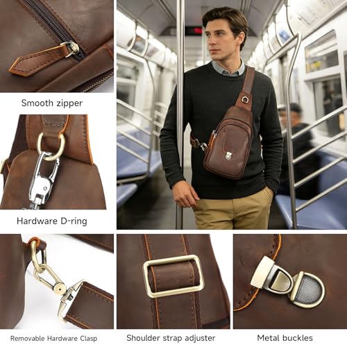 Image of NIUCUNZH Genuine Leather Sling Bag Front Metal-Latch Crossbody Bags Handmade Vintage Chest Shoulder Backpack for Women Men