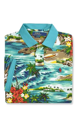 Polo Ralph Lauren Men's Classic Fit Mesh Cotton Tropical Island Printed Polo Shirt, Blue Multi