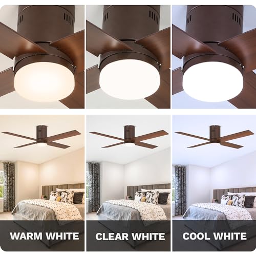 DWVO 52 Inch Flush Mount Ceiling Fan with Lights, Low Profile Reversible 4 Blade Ceiling Fan with Dimmable 3 Color Temperature, 6 Speed DC Motor, Memory Function for Bedroom, Living Room, Brown
