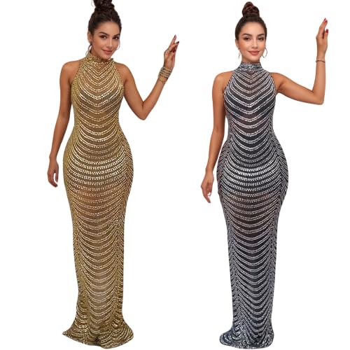 Image of PORRCEY Women's Sexy Elegant Rhinestone Mesh See Through Bodycon Party Club Night Prom Dress