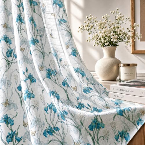 Image of HOKIPO Iris Sheer Curtain 7 Feet Long 1 Panel, Floral Print, Blue