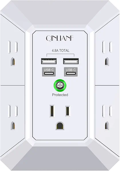 USB Wall Charger, Surge Protector, QINLIANF 5 Outlet Extender with 4 USB Charging Ports (4.8A Total) 3-Sided 1680J Power Strip Multi Plug Outlets Wall Adapter Spaced for Home Travel Office(2U2C),White