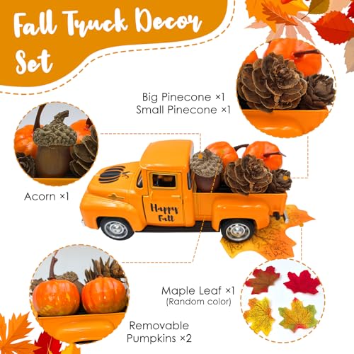 Herbst Thanksgiving Deko, Vintage Metall Truck mit Künstlichen Tannenzapfen, Kastanien, Ahornblatt, Kürbis für Herbst und Winter, Erntedankfest Deko für Küche Party Streudeko Weihnachten Tischdeko – Bild 3