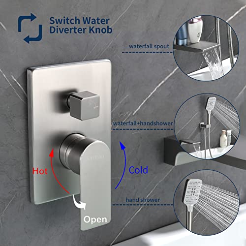 Wall Mounted Bathtub Faucet With Hand Sprayer Tub Faucet Shower Faucet Set With Waterfall Tub Spout Rough-In Valve Trim Kit Tub Filler Faucets Brushed Nickel #TOP3