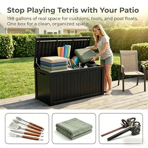 Image of 198 Gallon Resin Deck Box - Finally, a Lockable Outdoor Storage That Fits Everything (Cushions, Tools, Pool Gear & BBQ) - Weatherproof Wood Grain Design for Patio, Garden, Office, Home Indoor Outdoor