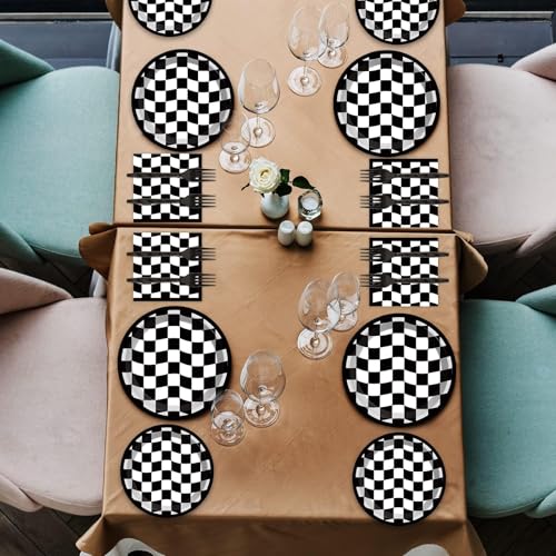 Image of 96PCS Race Car Birthday Party Decorations Black and White Checkered Plates Sports Themed Table Supplies Decorations Racing Dessert Plates Napkins Forks for 24 Guests Racing Car Birthday Party Favors