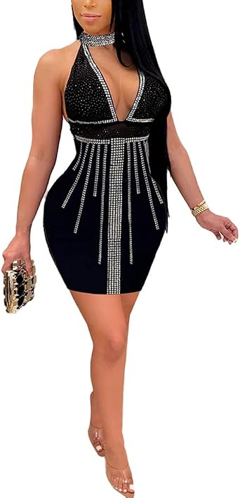 JUNBOON Womens Halter Sexy V Neck Bodycon Mesh See Through Sleeveless Sheer Club Midi Dress