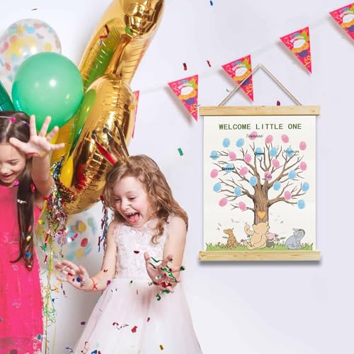 Image of QZCYU Winnie Baby Shower Decorations, Gender Reveal Party Decorations, Gender Reveal Fingerprint Tree,Boy or Girl Gender Reveal Supplies Fingerprint Tree Canvas