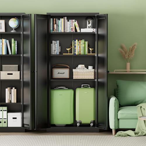 Image of INTERGREAT Metal Storage Cabinet with Magnetic Doors, 63 inch H Traditional European Style Metal Cabinets with 2 Doors and 4 Adjustable Shelves for Home Office, Kitchen, Bathroom (Black)