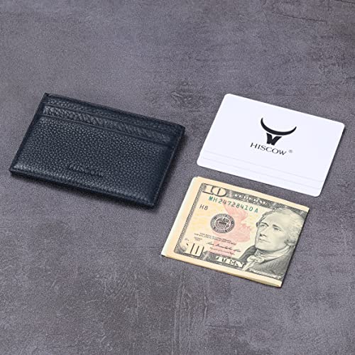 Image of HISCOW Slim Full Grain Leather Card Holder with ID Window, Pebbled Blue | Men's minimalist EDC wallet, front pocket carry, 2 credit card slots & center pocket, fits folded bills, premium gift box