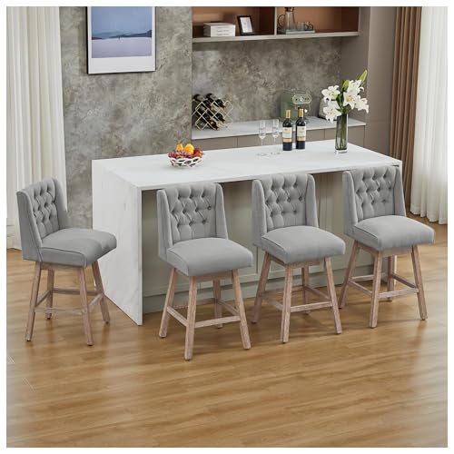 Image of 28 inch Counter Height Barstools Set of 4, Swivel Bar Stools with Back, Linen Fabric Upholstered Bar Stools, Modern Barstools Wood Legs for Kitchen Island Dining Room Bar