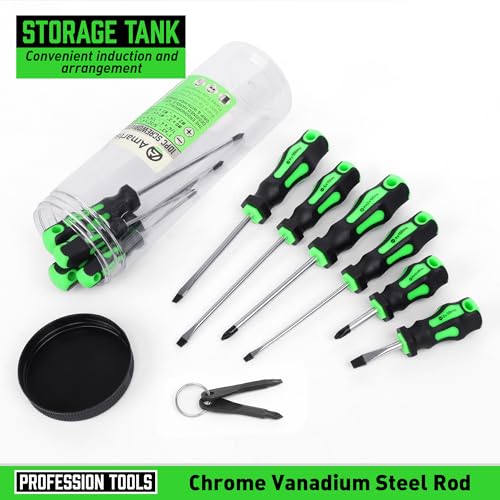 Image of Amartisan 10-Piece Magnetic Screwdrivers Set, 5 Phillips and 5 Slotted Tips Professional Cushion Grip Screwdriver Set 2pcs Portable Multifunction Key Mini Screwdriver (Green)