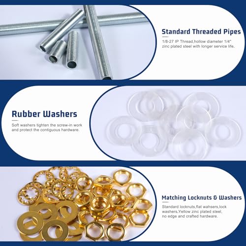 Image of Lamp Repair Hardware Kit-5 Size Thread Lamp Pipe Nipples,20 Lock Nuts,3 Type of Washers,Total 60 Pieces Lamp Repair Hardware Assortment Pack,Perfect for Assembly Lamp and Lamp DIY (Gold)
