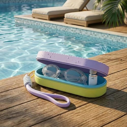 Image of First Lens Swimming Combo Pack with Anti-Fog Goggles, Swimm Cap & Protective Soft Storage Case - Clear Goggle + Aquawave Cap + Yellow Purple Case