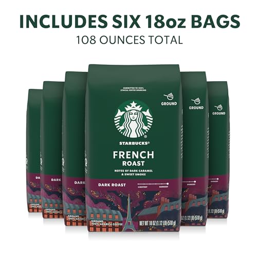 Image of Starbucks Ground Coffee, Dark Roast Hot or Iced Coffee, French Roast, Six 18 oz Bags
