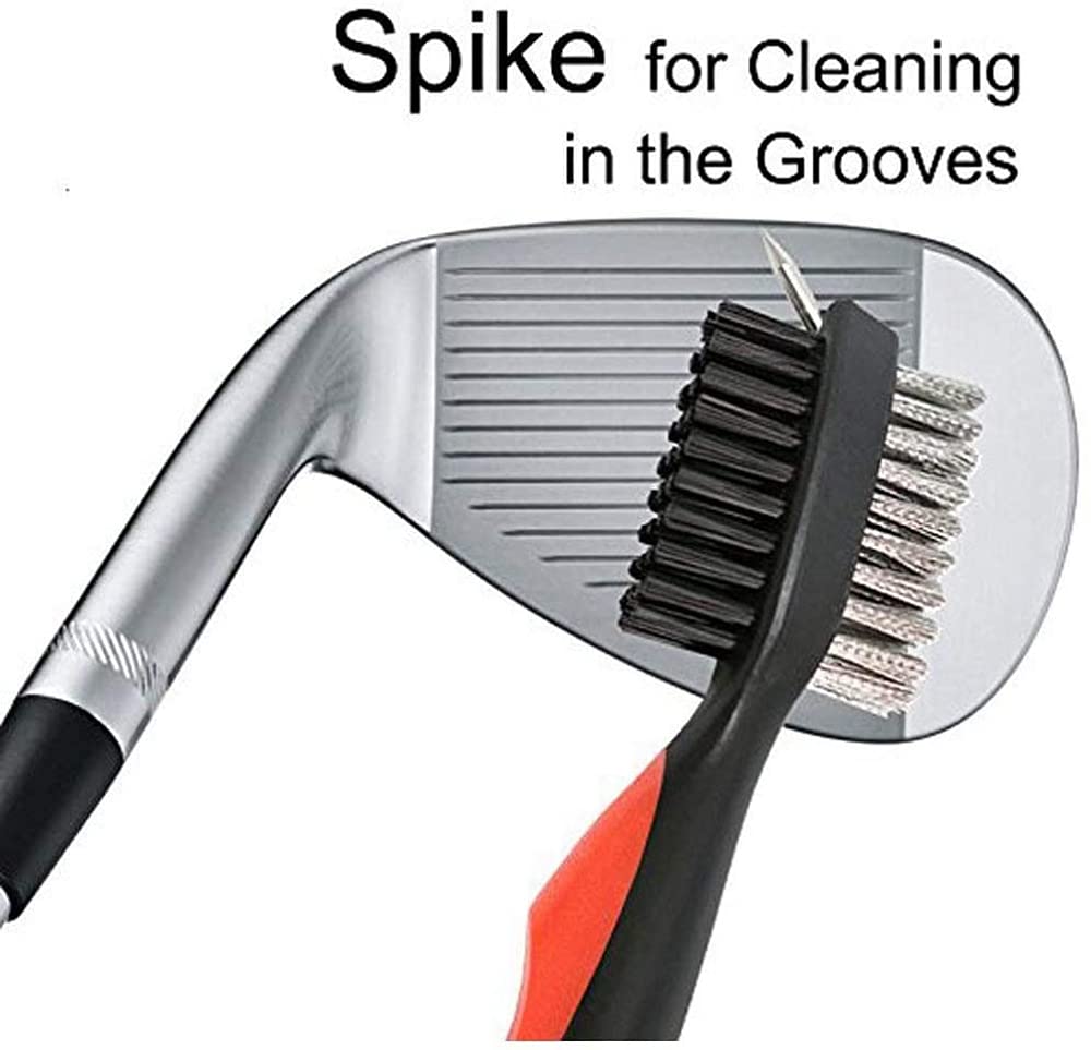 Cepillo de golf con limpiador de ranuras, cepillo de golf de nailon y acero, herramienta de limpieza portátil con mosquetón de aluminio ajustable para colgar en bolsa de golf (rojo)