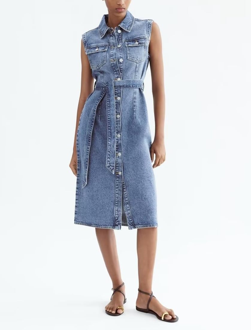 utcoco Denim Dress for Women Casual Sleeveless Belted Button Down Midi Jean Dresses for Women 2025 - Image 2