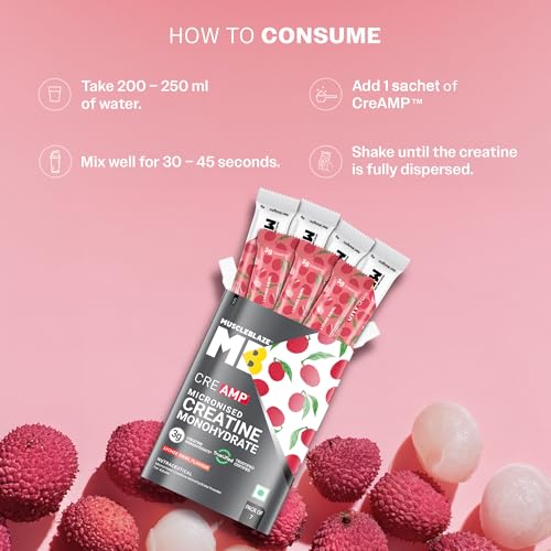 Image of MuscleBlaze Micronised Creatine Monohydrate CreAMP Powder, 7 Sachets | Lychee Swirl | Trustified Certified Creatine