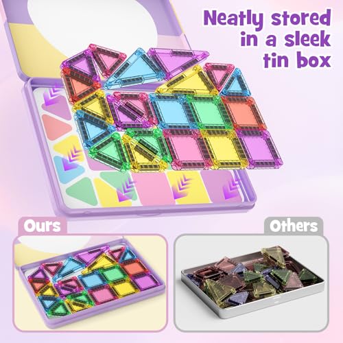 Image of 42-Piece Mini Magnetic Tiles Travel Set with Metal Storage Box - Portable STEM Building Blocks for Kids Ages 3-8, Montessori Educational Toys for Airplane & Car Rides, Gift for Boys & Girls
