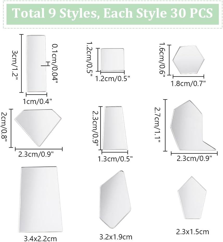 PH PandaHall 270pcs 9 Styles Mirror Mosaic Tiles - Acrylic Mini Mirror for Craft: Rectangle, Square, Hexagon, Diamond, Trapezoid Adhesive Pieces for Christmas, Halloween