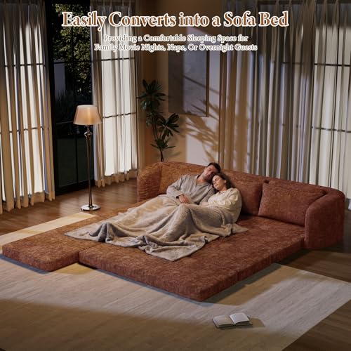 Image of Vesgantti 6 in 1 Convertible Folding Sleeper Sofa Bed, No Assembly, Orange | 110.2 inch L Shaped Modular Sectional Sofa, Curved Armrest, Deep Seat Boneless Couches for Living Room, Chenille, Left Facing