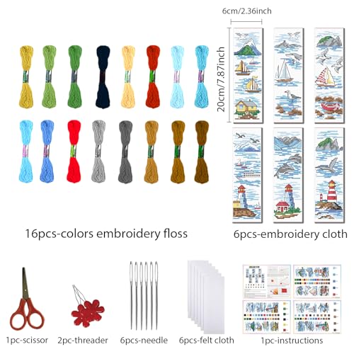 Image of FREEBLOSS 6 Set Cross Stitch Bookmark Kit Stamped Cross Stitch Kit Ocean View Theme Embroidery Set with Instruction for Adults 8''*2.4''