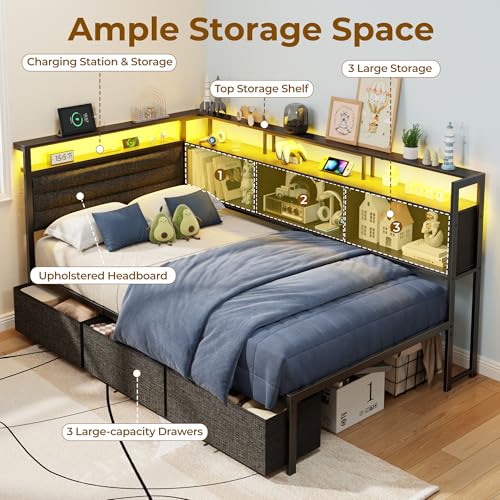 Image of OURPIC Corner Bed Frame with Storage Bookcase and LED Lights, Twin Size Bed Frames with Upholstered Headboard and Charging Station, Twin Daybed with 3 Storage Drawers, Black