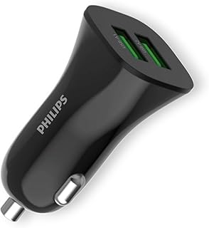 Philips 12W Çift USB-A Portlu Araç Şarj Adaptörü, 5V 2.4A Çıkış, 12-24V Giriş, Kompakt Tasarım, Aşırı Isınma ve Şarj Korumalı, DLP3522N, Siyah