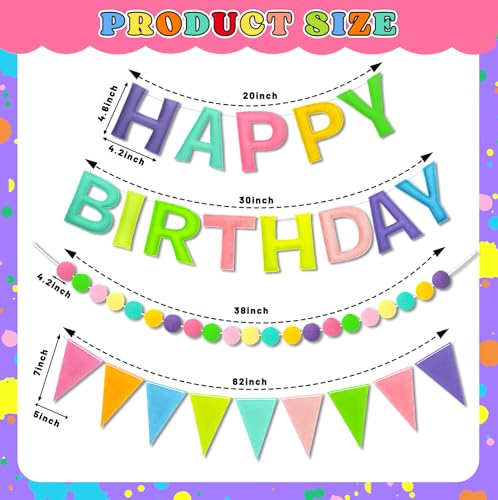 Image of Happy Birthday Banner Decorations - Pre-Strung 3D Felt HAPPY BIRTHDAY Sign for Party Decor | Rainbow Reusable Happy Birthday Garland, Ball, Pennant Flag (2-Macaron)