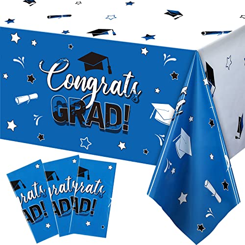 Breling 3 Pack Graduation Party Tablecloth Congrats Class of 2025 Graduation Table Covers Grad Cap Table Cloth Rectangle Plastic Tablecloth for Grad Party Decorations(Classic Style,Blue)