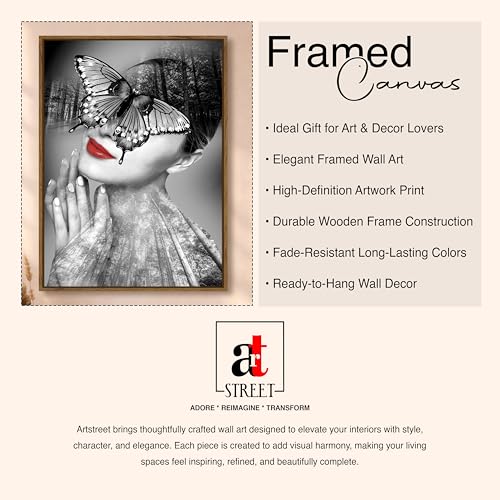 Image of Surreal Butterfly Woman Portrait Framed Canvas Painting For Living Room | Modern Nature Abstract Wall Art For Livingroom Wall Decor, Home Decor, Bedroom, Hallway's, Office, Hotel - 43x58 cm