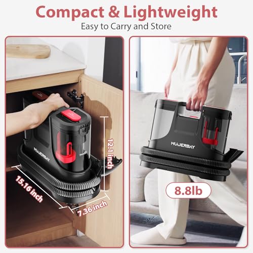 Image of Upholstery Carpet Cleaner, MUJERBAY 15Kpa Portable Spot and Stain Cleaner Shampooer, Easy Move with Handle, 1.5-inch Deep Cleaning Machine for Couch, Stairs, Car and Pet Messes. (Black)