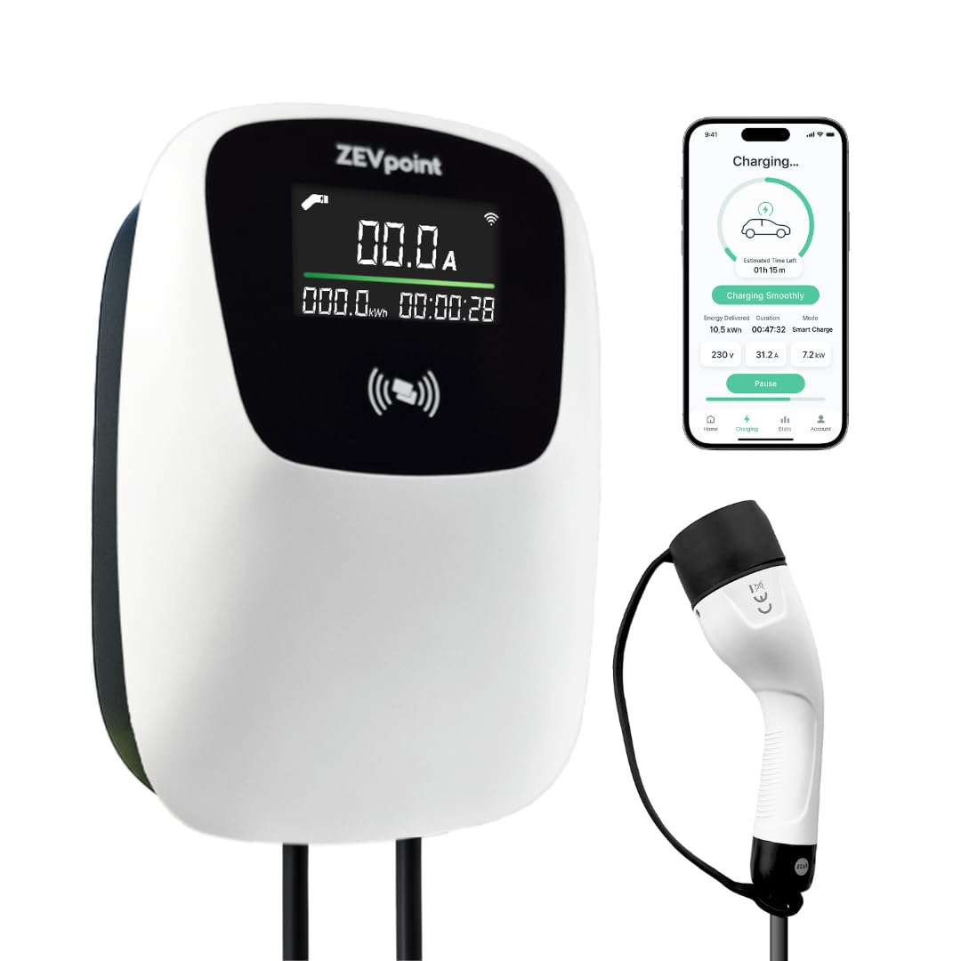 Zevpoint 7.5kW Smart EV Charger | Display Screen, 5m TPU Cable