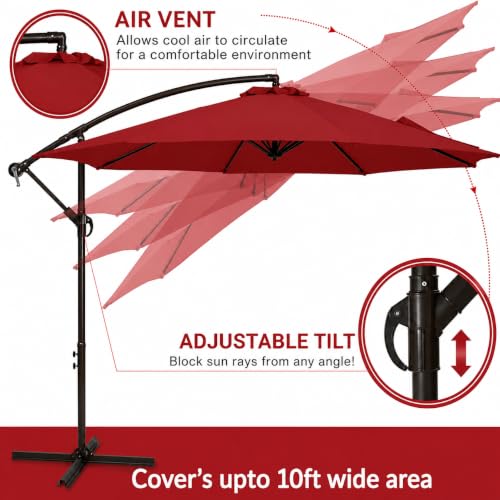 Image of Hukimoyo 10Ft Diameter Large Outdoor Patio Cantilever Offset Umbrella with Base Stand, Waterproof Heavy Duty Garden Parasol Sun Shade Canopy, Side Pole Umbrella for Backyard, Poolside, Deck, Lawn, Terrace, Cafe.