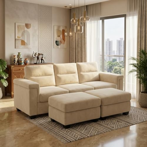 Image of FURNY Parker 3 Seater Sofa Set with 2 Ottomans | Premium Suede Velvet Fabric Finish | Durable Comfort Sofa for Modern Living Room & Office Spaces
