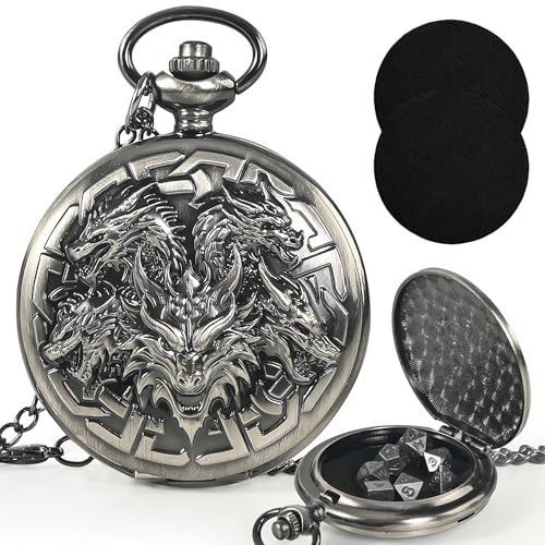 Kabinka DND Dice Set, 7pcs Mini Metal Dice with Pocket Watch Shell, Portable D&D with Necklace, Dungeons and Dragons Dice for RPG(Five-Headed Dragon, Ancient Silver)