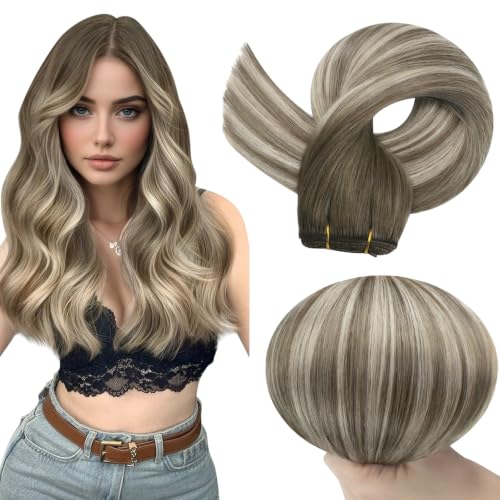 Image of Full Shine Machine Weft Hair Extensions 20 Inch 105G, Machine Tied Sew In Weft, 7 /7 /800 Ash Brown To Blonde Mix Brown, Remy Human Hair, Workday Styling, Daily Wear