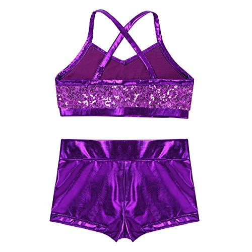 inlzdz Kids Girls Sequins Tankini Set Criss Cross Back Crop Top Tanks with Metallic Bottoms Gymnastics Workout Costume Purple 7-8